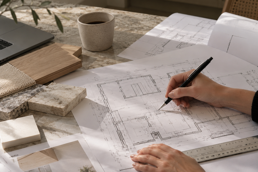 Construction drawings on a drafting table